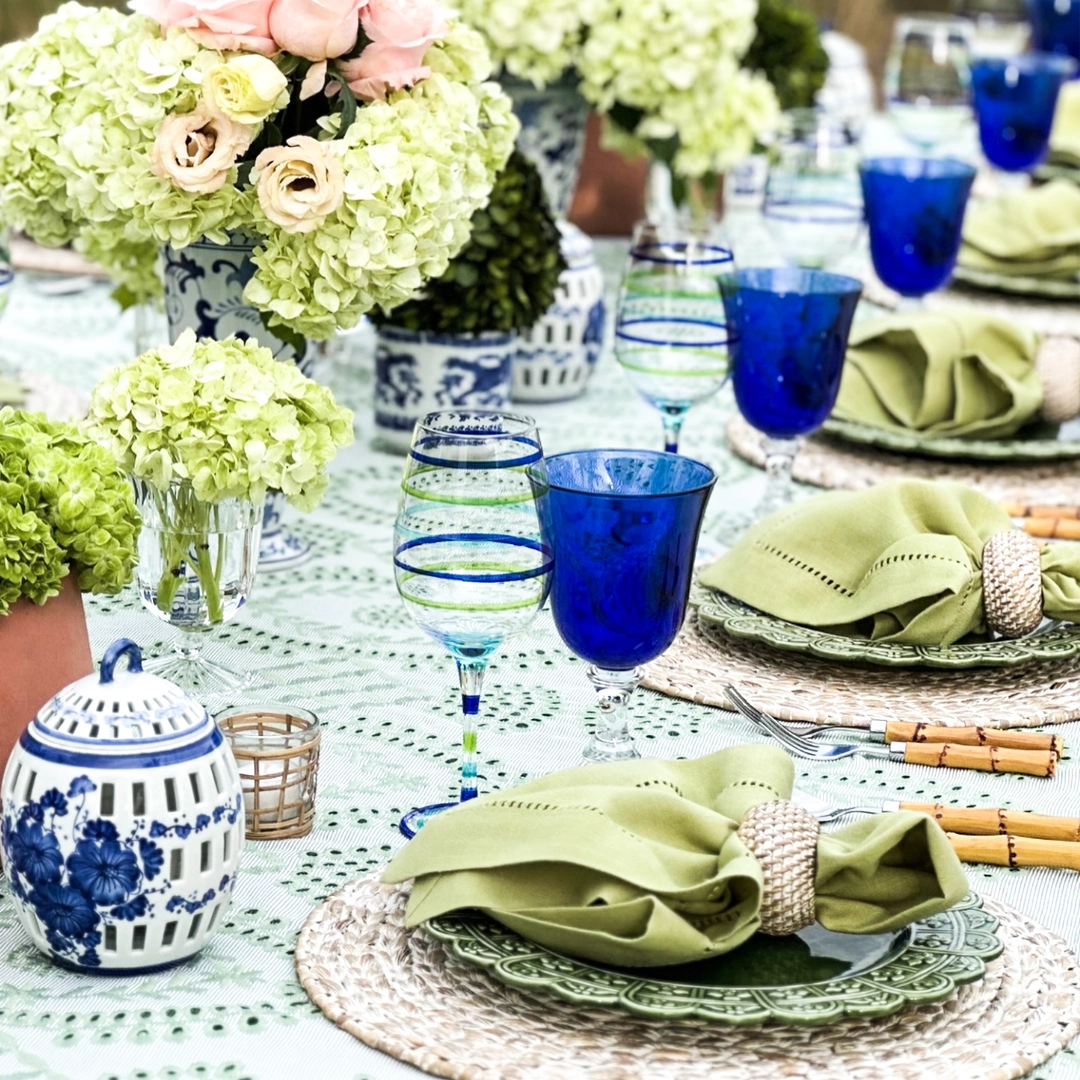scallop raised verde plate with blue goblet