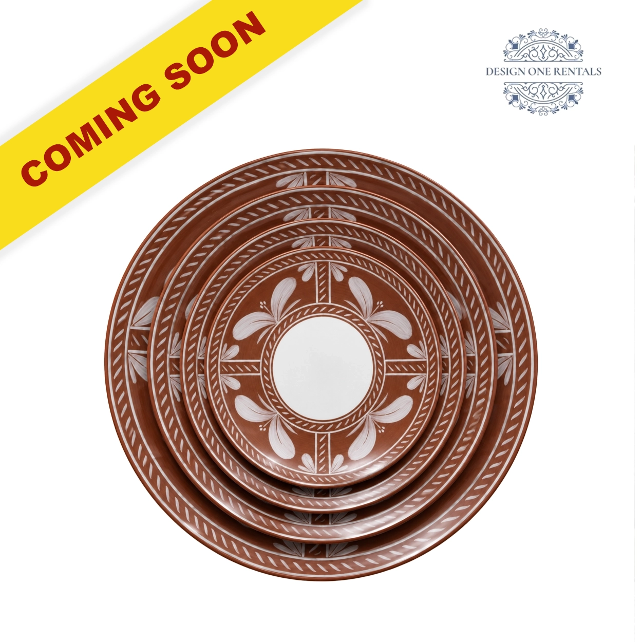 seville brown collection china plate in white background and coming soon label