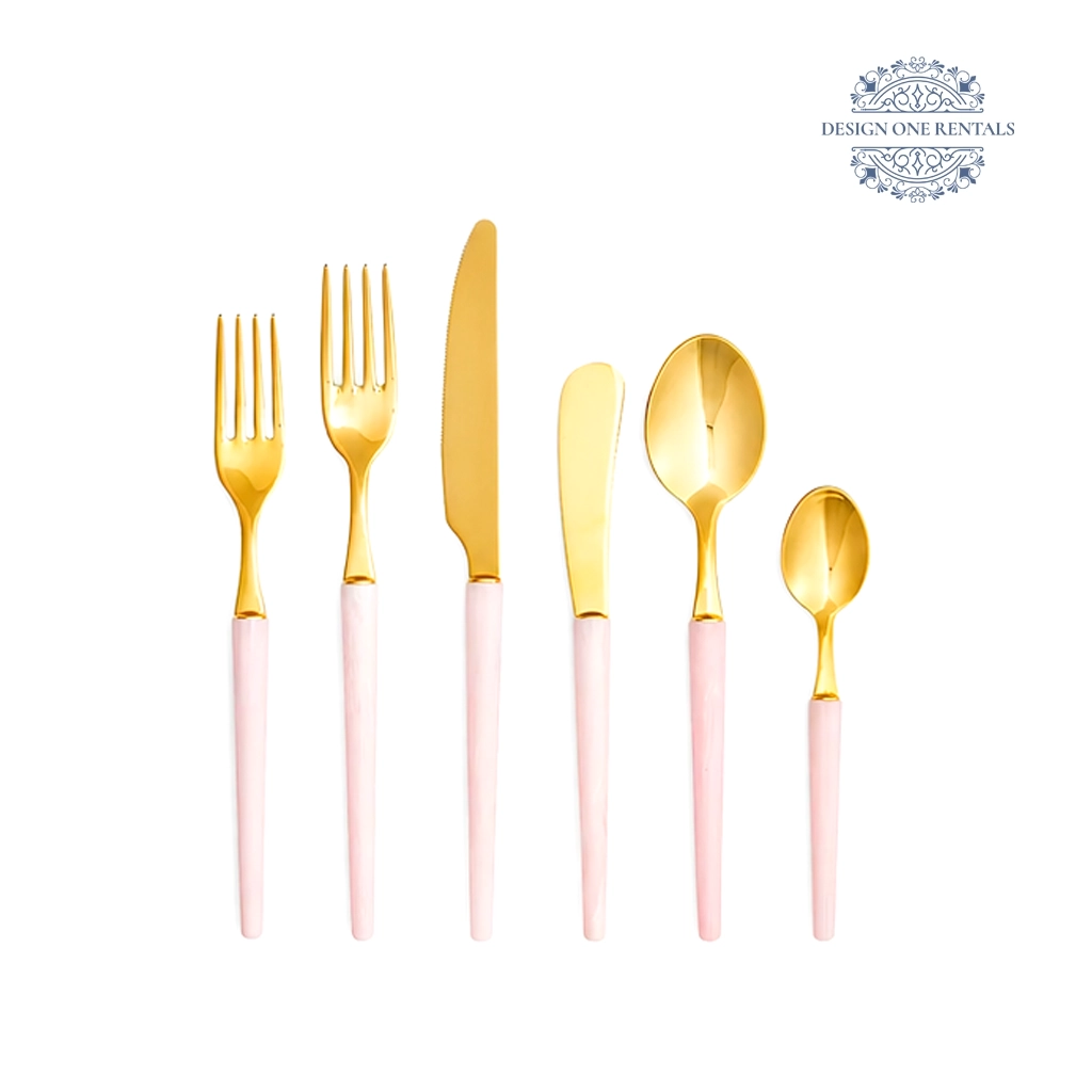 Allegria Gold Blush Collection gold, pink stainless steel flatware set displayed on a white background, showcasing the complete collection and modern design.