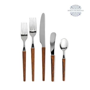 Complete The Allegria Wood Collection flatware set with a finish on a white background, highlighting the brown, wood handle design and polished surfaces.