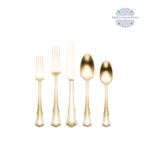 White background product image of the Allora Champagne Collection flatware set featuring gold stainless steel construction and coordinated dining pieces.