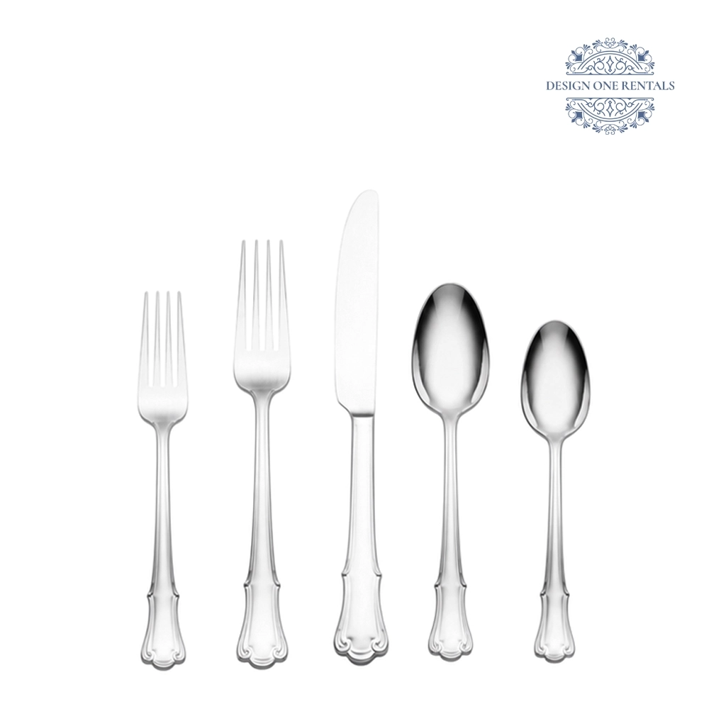 Complete The Allora Silver Collection flatware set with a silver finish on a white background, highlighting the silver handle design and polished surfaces.