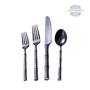 White background product image of the The Irene Nero Collection flatware set featuring black stainless steel construction and coordinated dining pieces.