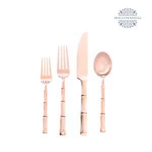 The Aurora Copper Collection copper stainless steel flatware set displayed on a white background, showcasing the complete collection and modern design.