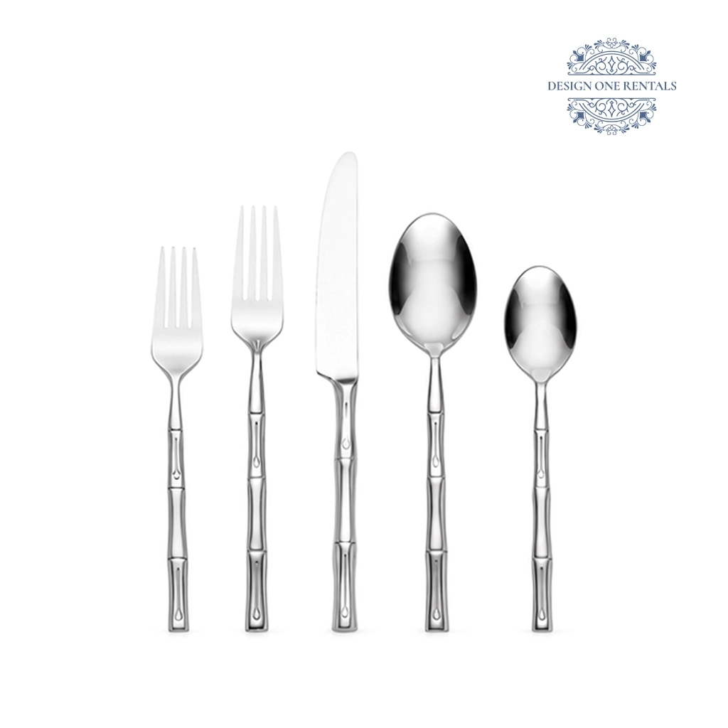 The Aurora Stainless Silver Collection silver stainless steel flatware set displayed on a white background, showcasing the complete collection and modern design.