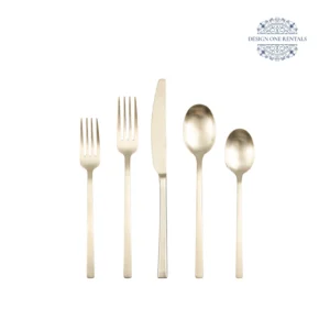 Complete The Chelsea Champagne Gold Collection flatware set with a gold finish on a white background, highlighting the champagne handle design and polished surfaces.