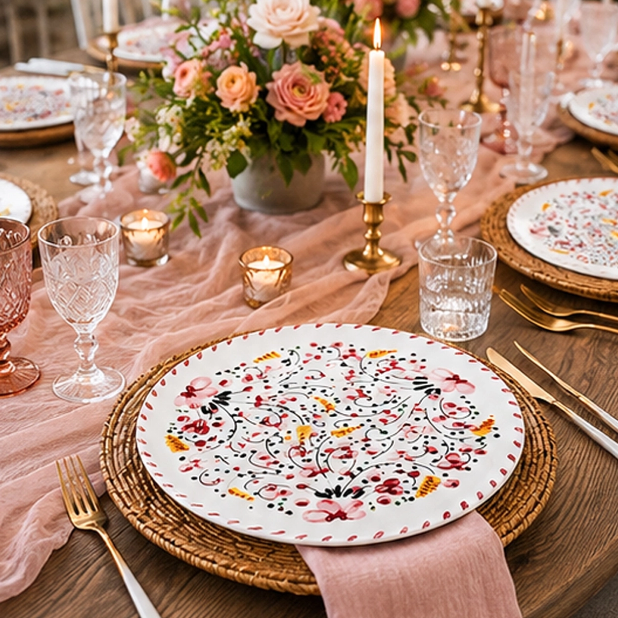 codi red charger plate in a formal event tablescape