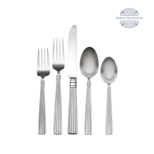 White background product image of the The Deco Collection flatware set featuring deco stainless steel construction and coordinated dining pieces.