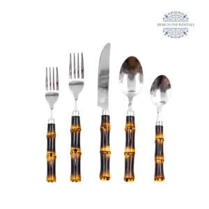 The Esther Dark Wood Collection stainless steel flatware set displayed on a white background, showcasing the complete collection and modern design.