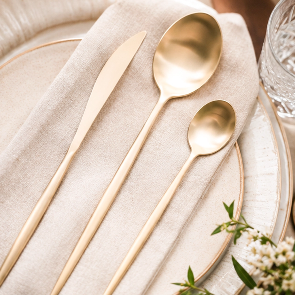 goa champagne gold collection flatware set close up