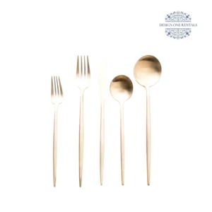 Complete The Goa Champagne Gold Collection flatware set with a gold finish on a white background, highlighting the champagne handle design and polished surfaces.