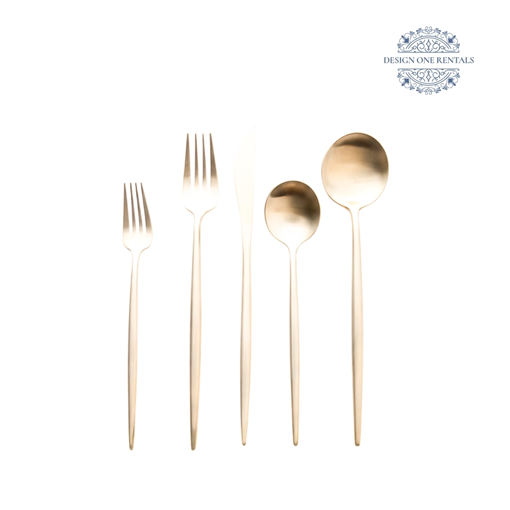 Complete The Goa Champagne Gold Collection flatware set with a gold finish on a white background, highlighting the champagne handle design and polished surfaces.