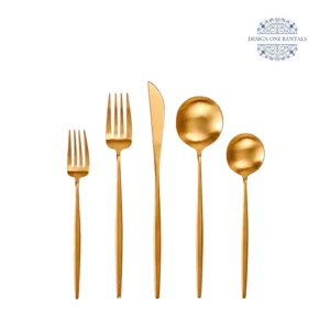 White background product image of the The Goa Gold Collection flatware set featuring gold stainless steel construction and coordinated dining pieces.