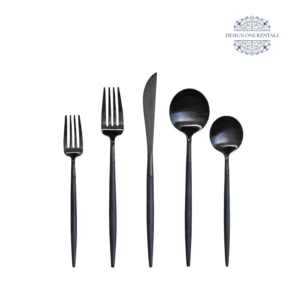 The Goa Nero Collection black stainless steel flatware set displayed on a white background, showcasing the complete collection and modern design.