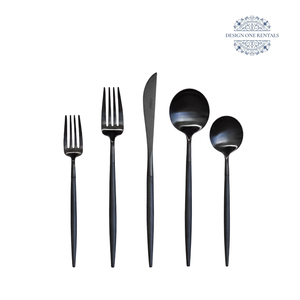 The Goa Nero Collection black stainless steel flatware set displayed on a white background, showcasing the complete collection and modern design.