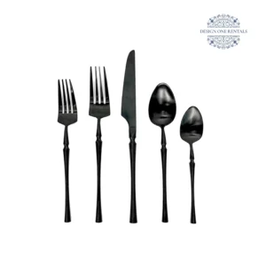 White background product image of the The Irene Nero Collection flatware set featuring black stainless steel construction and coordinated dining pieces.