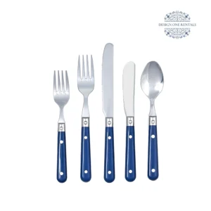 White background product image of the The Jardin Bright Blue Collection flatware set featuring bright blue stainless steel construction and coordinated dining pieces.