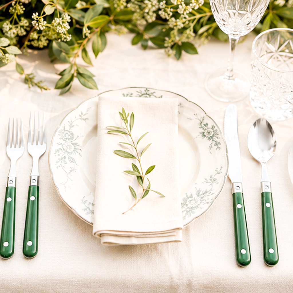 Esther Light Wood Collection flatware set on a table setting