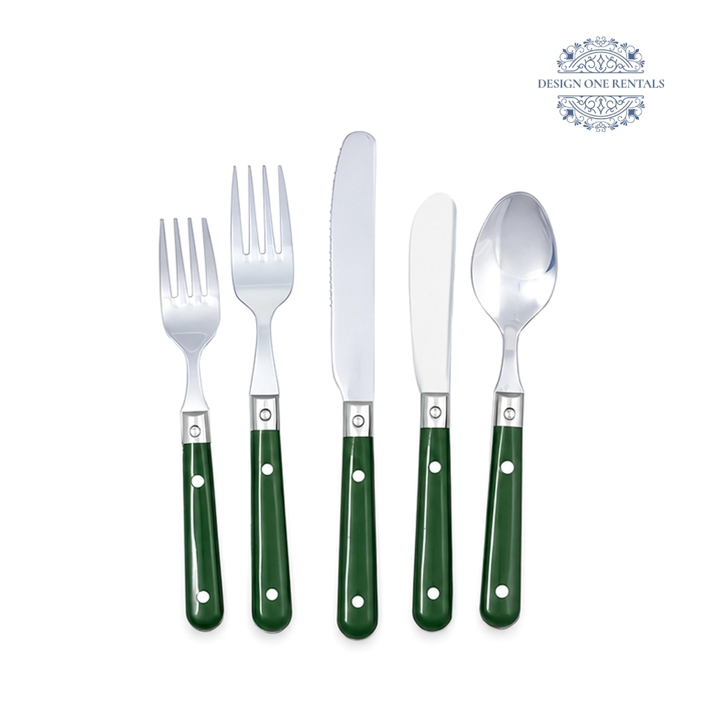 Complete The Esther Light Wood Collection flatware set with a finish on a white background, highlighting the light wood handle design and polished surfaces.