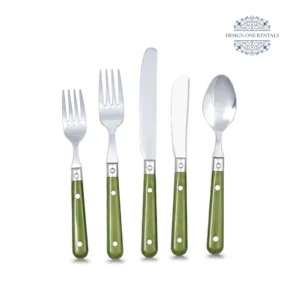 Complete The Jardin Moss Green Collection flatware set with a moss green finish on a white background, highlighting the moss green handle design and polished surfaces.