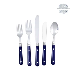 White background product image of the The Jardin Navy Blue Collection flatware set featuring navy blue stainless steel construction and coordinated dining pieces.