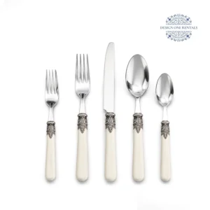 White background product image of the The Medina Collection flatware set featuring silver stainless steel construction and coordinated dining pieces.