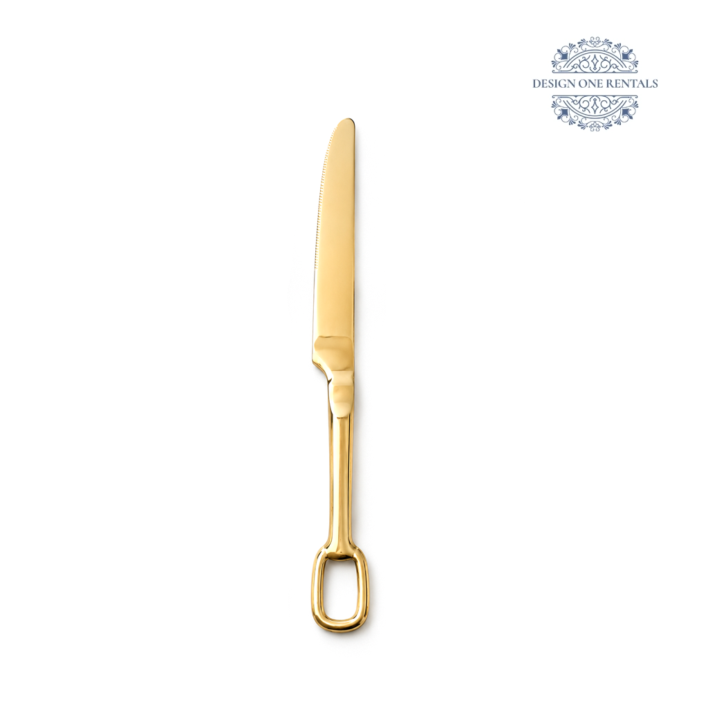 Parma Gold Collection dinner knife with a polished gold blade and modern oval handle.