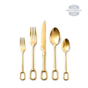 Parma Gold Collection flatware set including a salad fork, dinner fork, dinner knife, dinner spoon, and teaspoon with polished gold finish and oval handles.