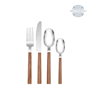 The Teak Light Wood Collection silver stainless steel, wood flatware set displayed on a white background, showcasing the complete collection and modern design.