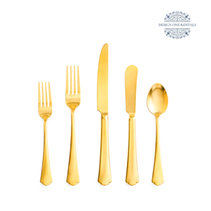 The Ethan Brushed Gold Collection flatware set with gold finish and brushed gold handle.