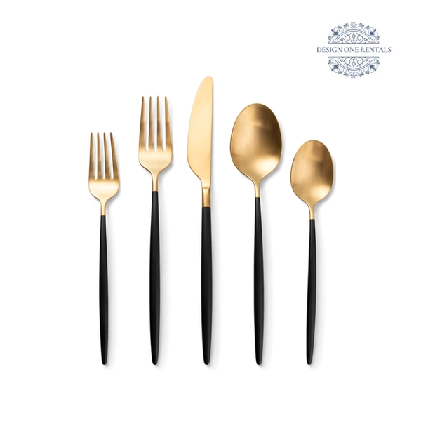 White background product image of the The Two Tone Black and Champagne Collection flatware set featuring black, gold stainless steel construction and coordinated dining pieces.