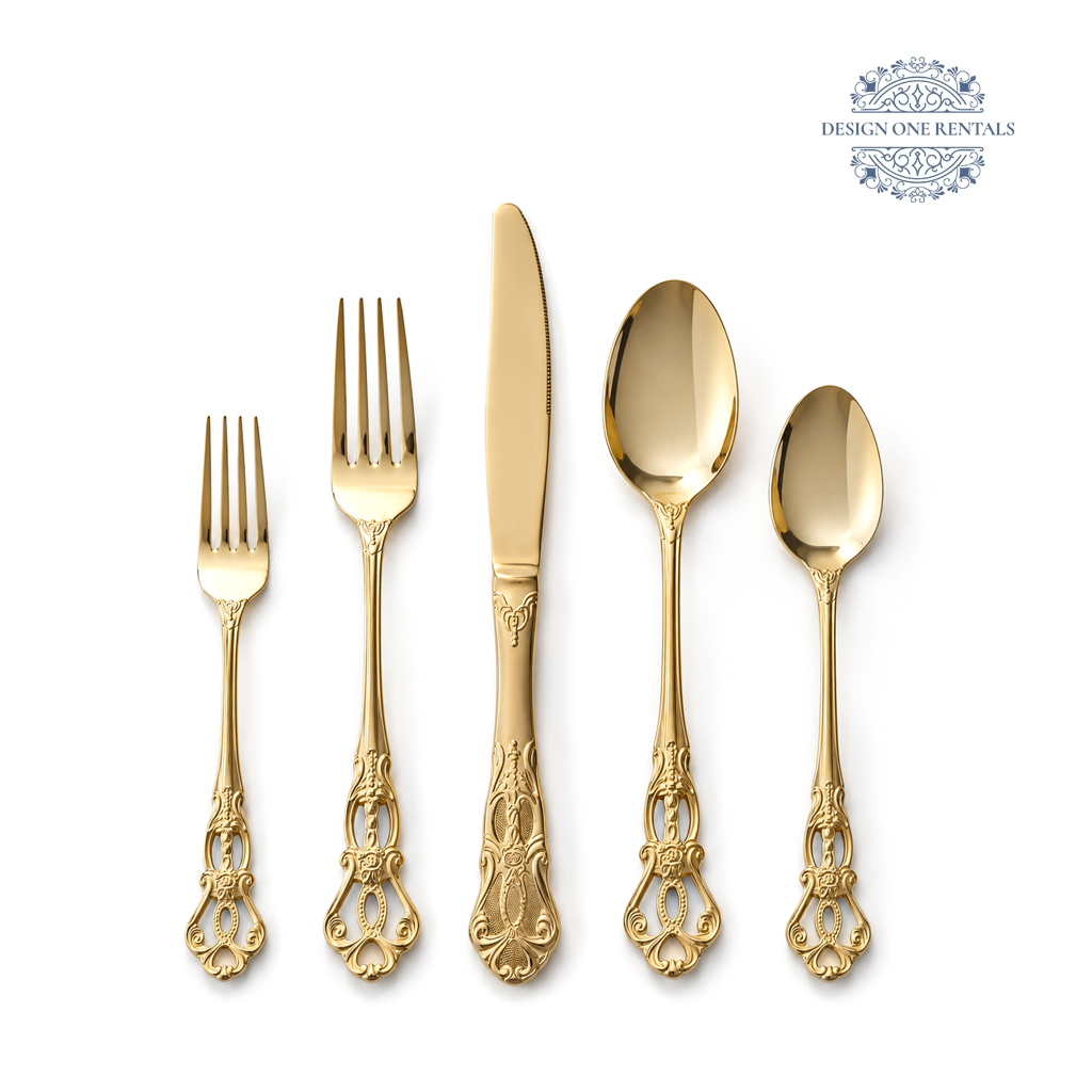 Valencia Gold Collection flatware set including a salad fork, dinner fork, dinner knife, dinner spoon, and teaspoon with an ornate gold finish.