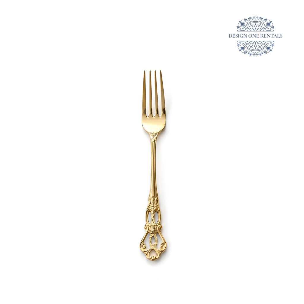 Valencia Gold Collection dinner fork with a polished gold finish and ornate decorative handle.