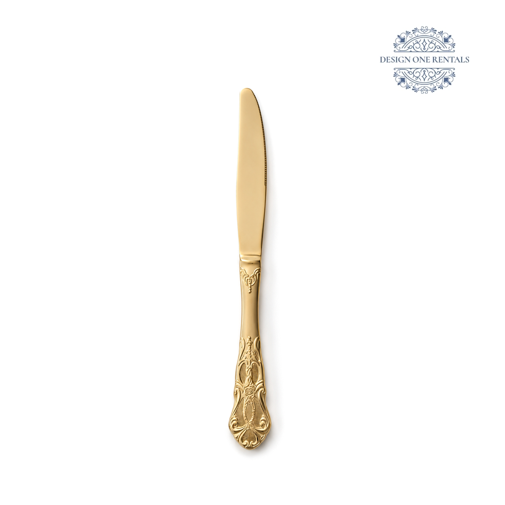 Valencia Gold Collection dinner knife with a polished gold finish and decorative vintage-style handle.