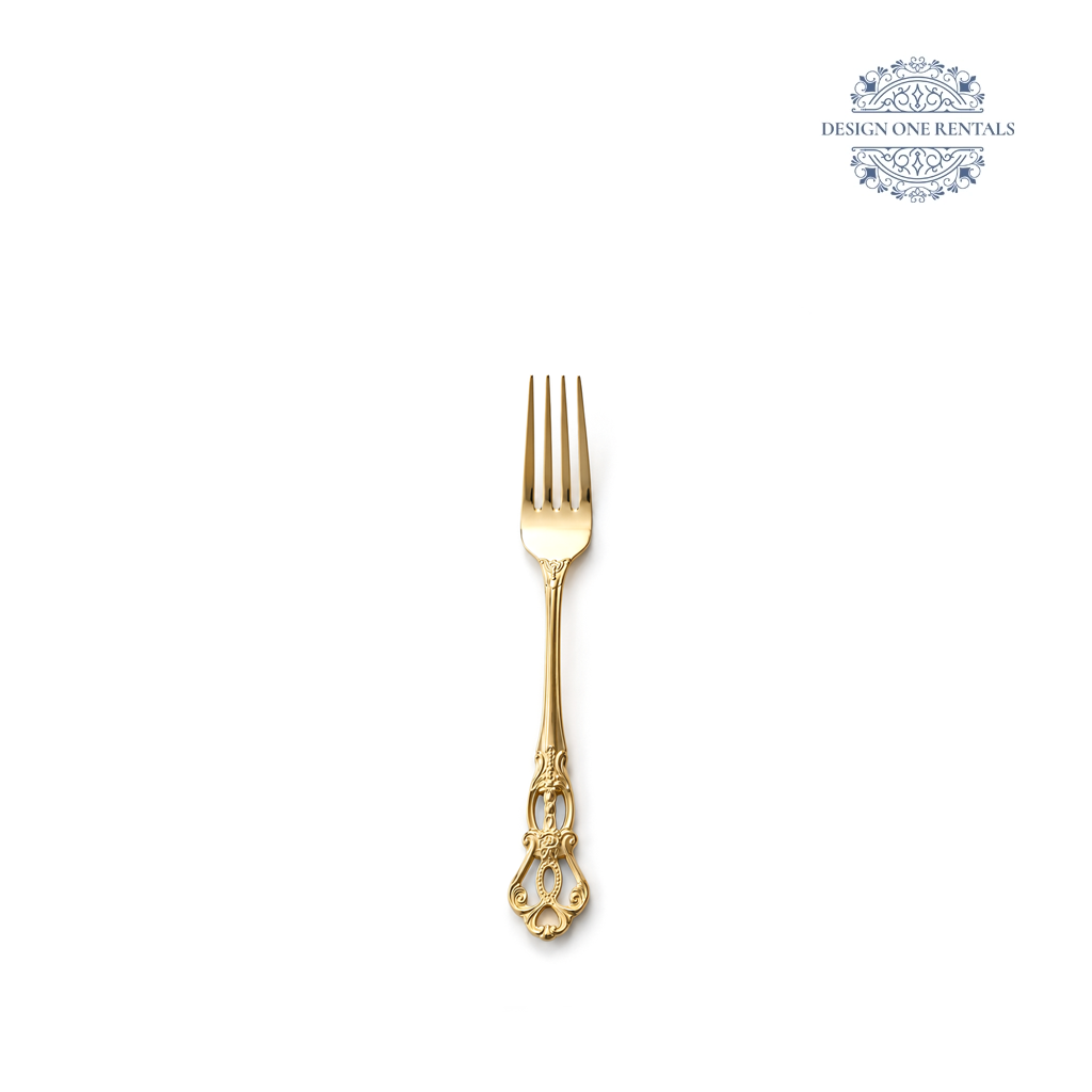 Valencia Gold Collection small fork with an ornate gold finish and decorative vintage-inspired handle.
