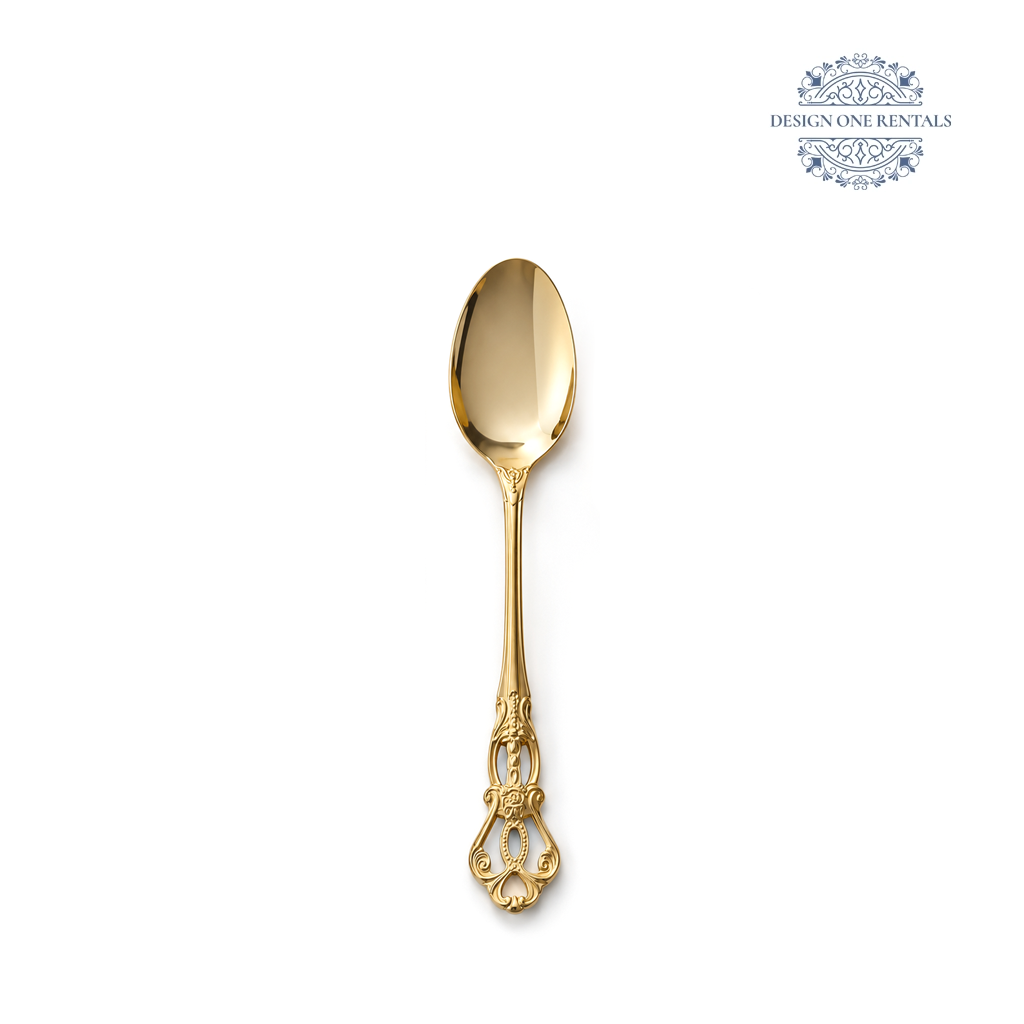 Valencia Gold Collection dinner spoon with a polished gold finish and ornate decorative handle.