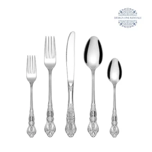 Complete The Valencia Stainless Collection flatware set with a silver finish on a white background, highlighting the silver handle design and polished surfaces.