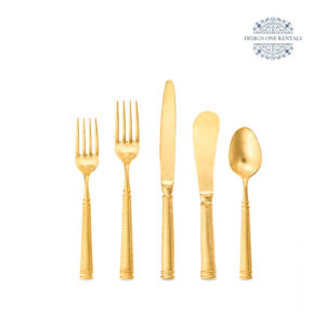 The Vivi Brushed Gold Collection flatware set with gold finish and gold handle.