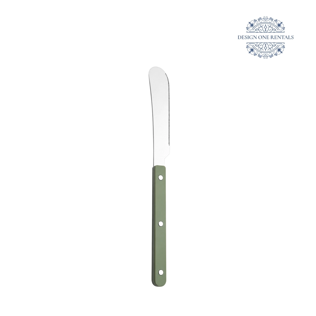 Jennifer Collection dinner knife with sage green handle stainless steel flatware for weddings and events