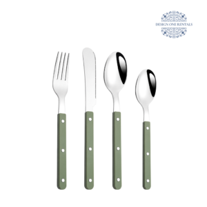 Jennifer Collection flatware set featuring a sage green handle with dinner fork, dinner knife, dinner spoon, and teaspoon.