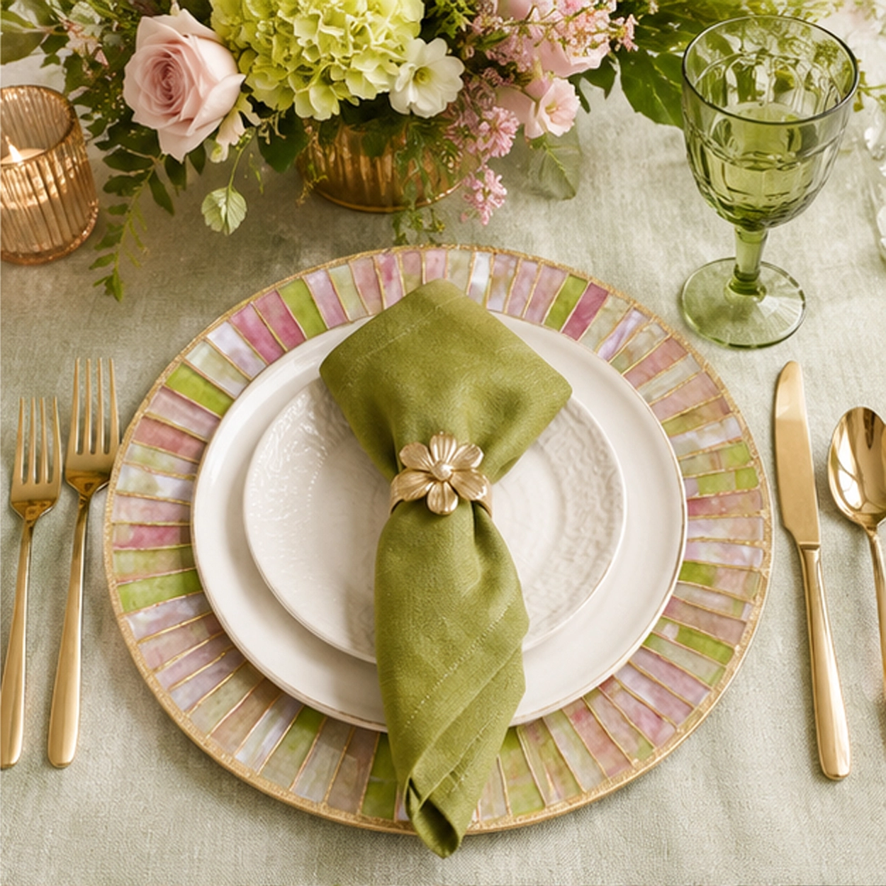 alabster charger plate in light green and gold table setting