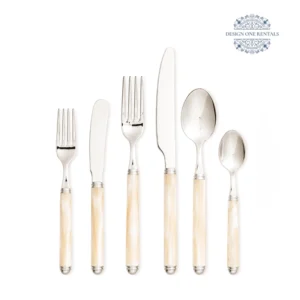 The Allegria Champagne Pearl Collection silver polished stainless steel flatware set displayed on a white background, showcasing the complete collection and modern design.