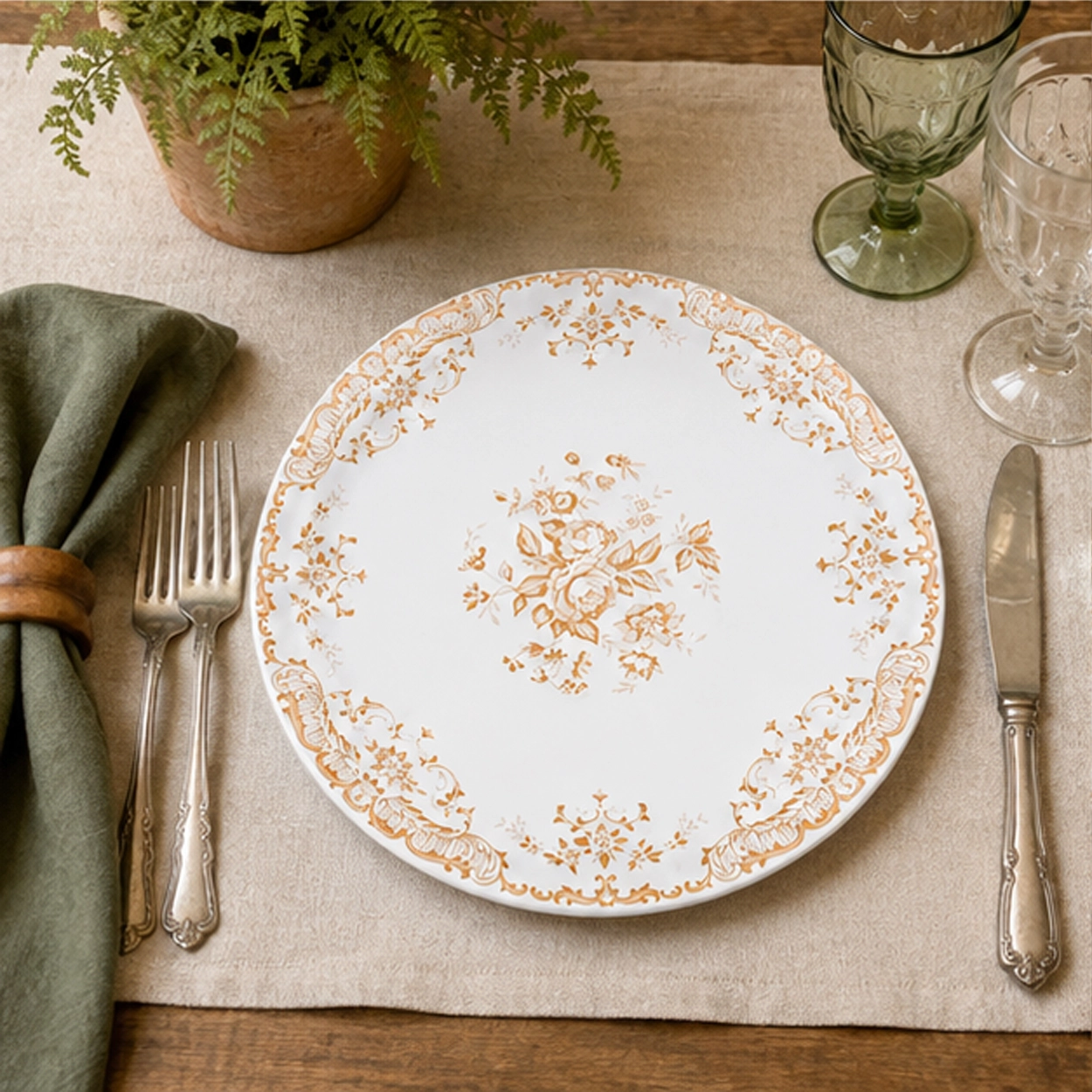 antique gold charger plate in fine dining setting