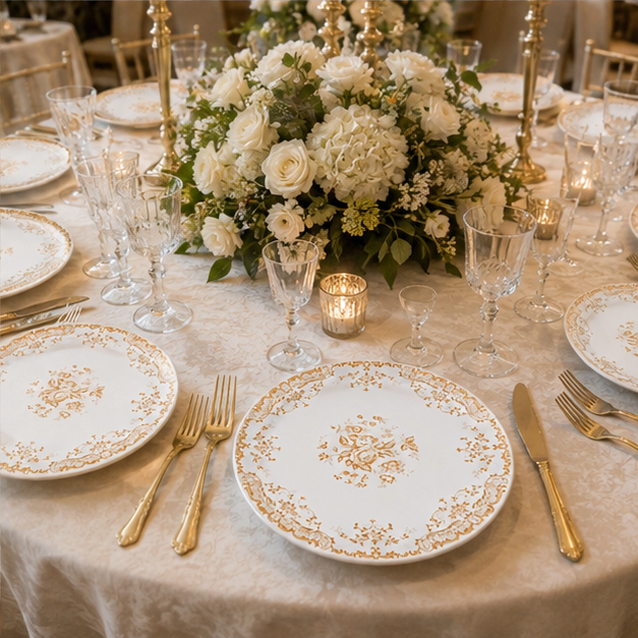 antique gold charger plate in formal event tablescape