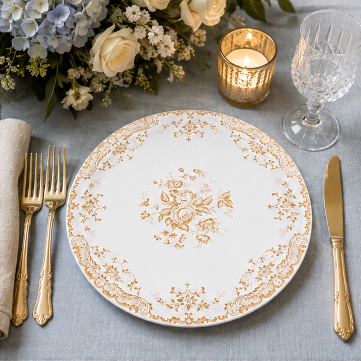 antique gold charger plate in wedding reception tablescape