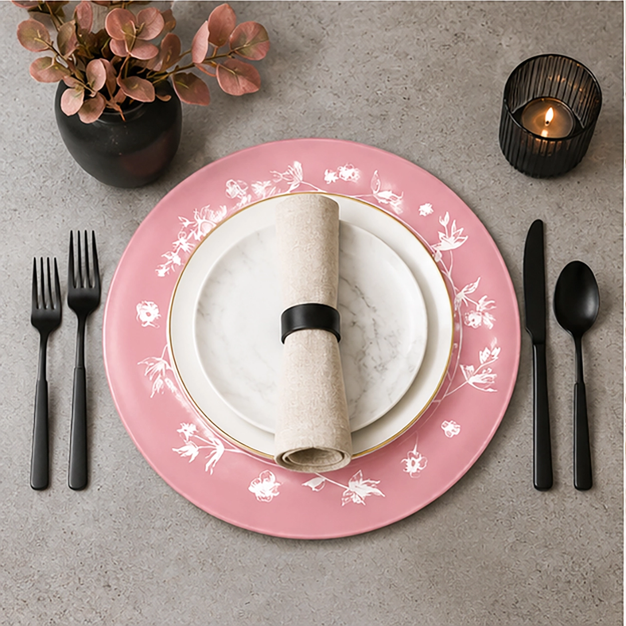 aria pink charger plate in fine dining setting