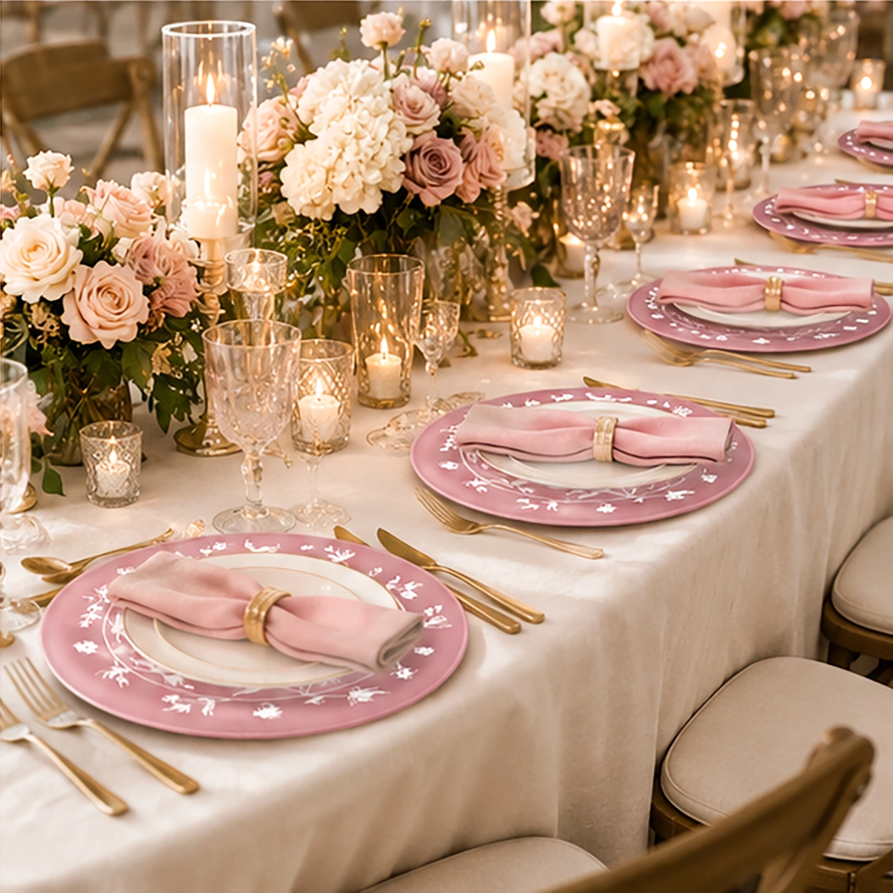 aria pink charger plate in formal event tablescape