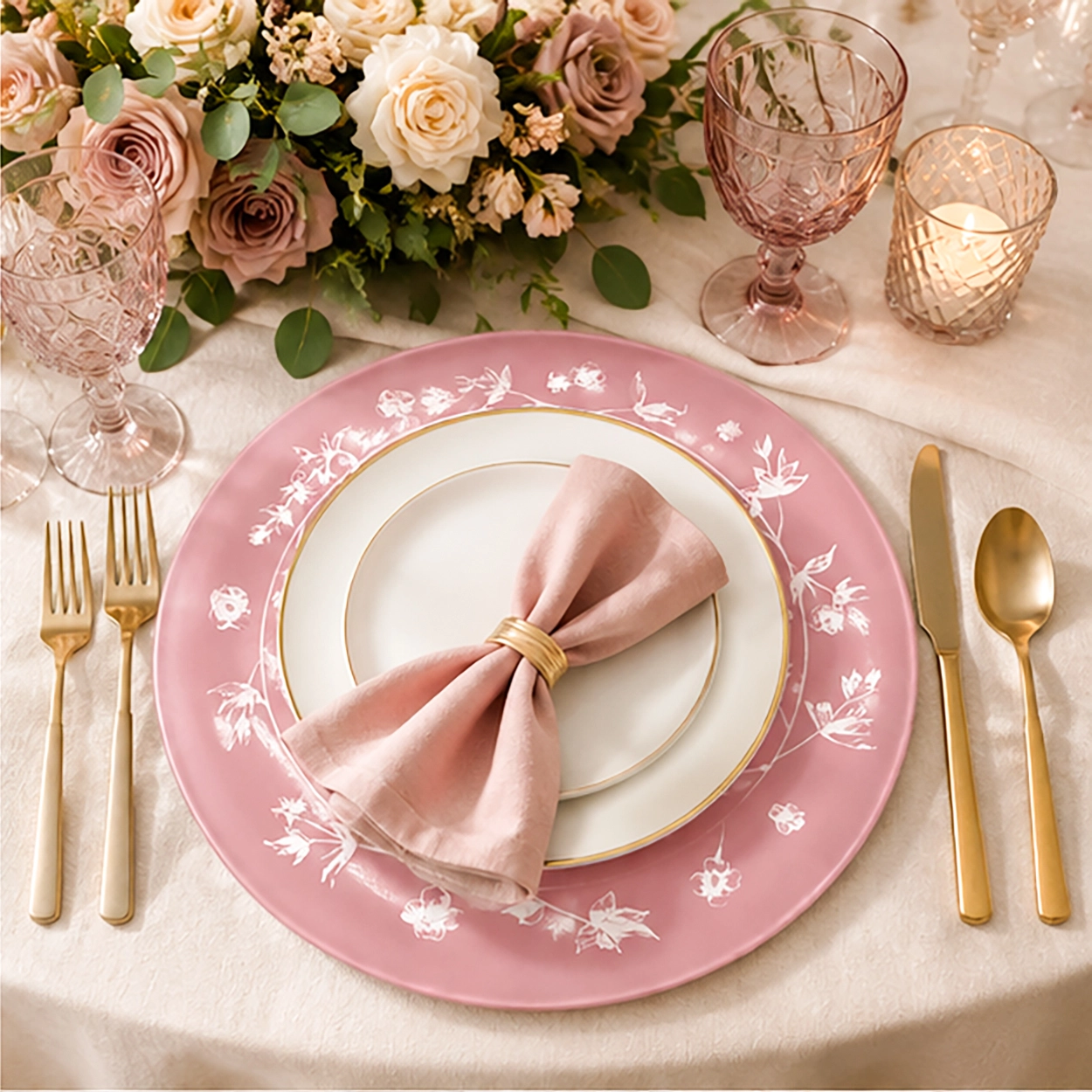 aria pink in wedding reception tablescape