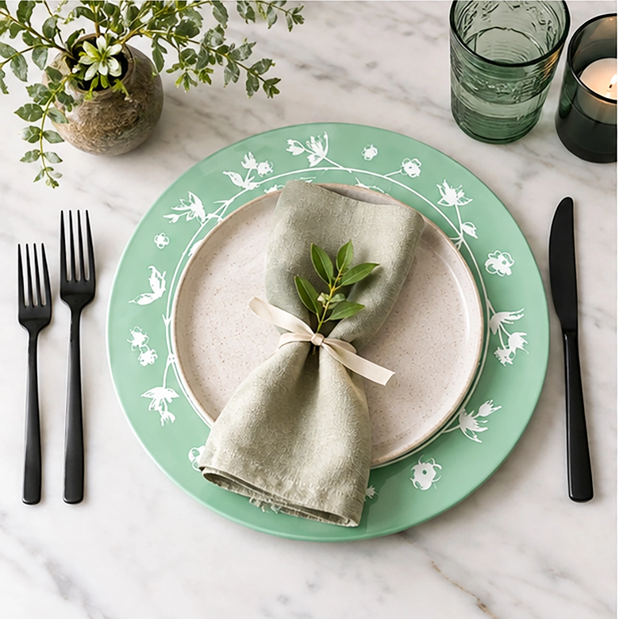 aria seafoam green charger plate in fine dining setting