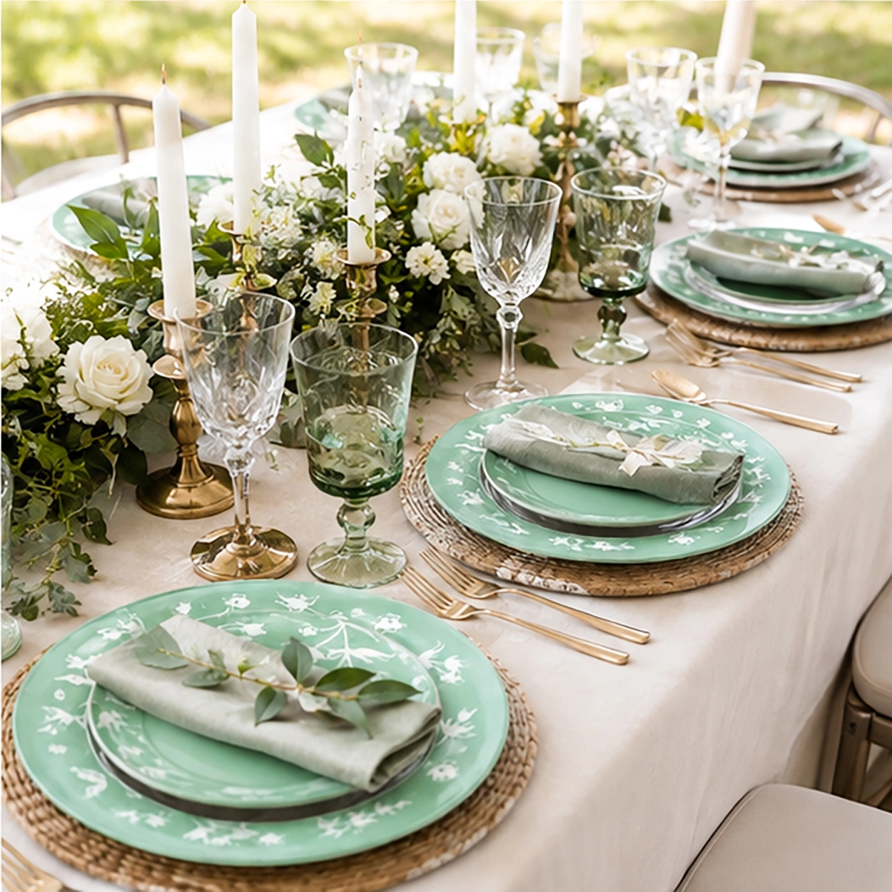 aria seafoam green charger plate in formal event tablescape